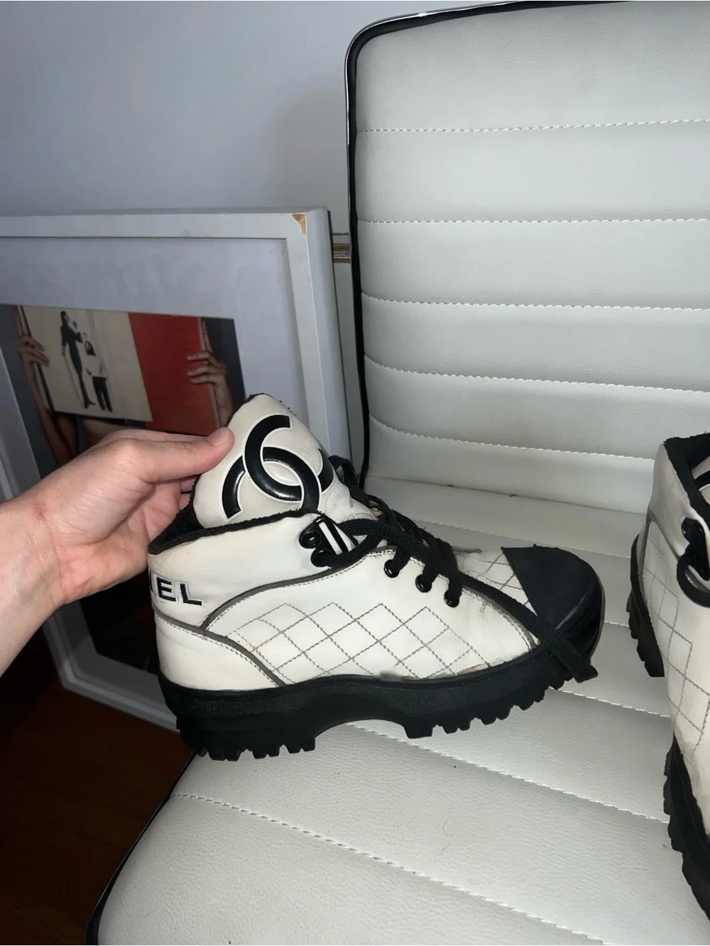 CHANEL White and Black Quilted Lace-Up High-Top Boots